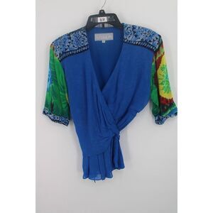 DOROTHY SCHOELEN PLATINUM BRIGHT BOLD WRAP BLOUSE SIZE P RAYON DRY CLEAN SS